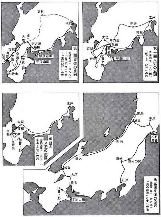 第1回野ざらし紀行、第2回笈の小文・更科紀行、第3回奥の細道、第4回京より江戸への旅の地図です
